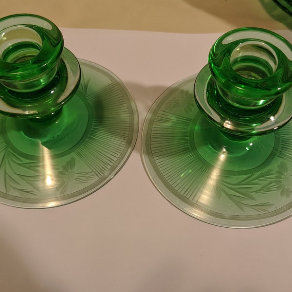 FREE SHIPPING- Pair of  Vintage Elegant Green Depression Glass Taper Candle Stick Holders with Etched Floral Pattern