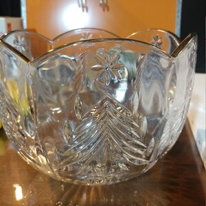 Vintage Mikasa Glass Bowl- Evergreen Tree design with Gold Trim. Paneled Edges.