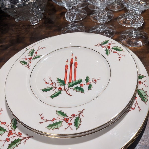 FREE SHIPPING- Vintage Fine Arts China- Made in the USA- 2-  Christmas Salad Plates and 2-Dinner Plates. Holly with Candle and Gold Trim.