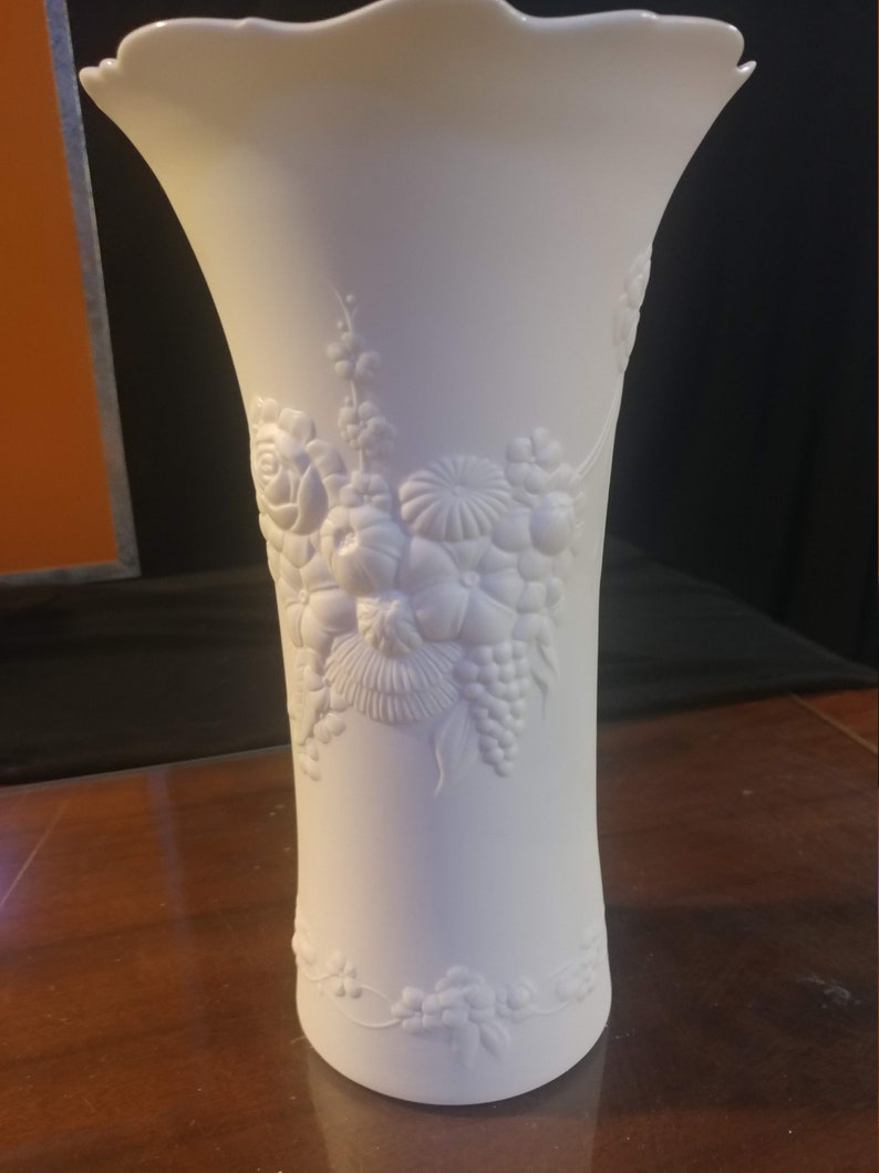 Vintage White Bisque Porcelain M Frey Vase with Rose Motif