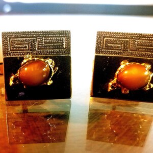 Vintage Cufflinks with Turtles & Greek Key Design. Cat's Eye Stone.