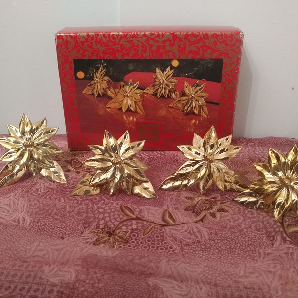 Vintage Set of 4- Chrysanthemum Shaped Brass Napkin Rings/Napkin Holders. "Home for the Holidays" from Famous Barr. Original Box.