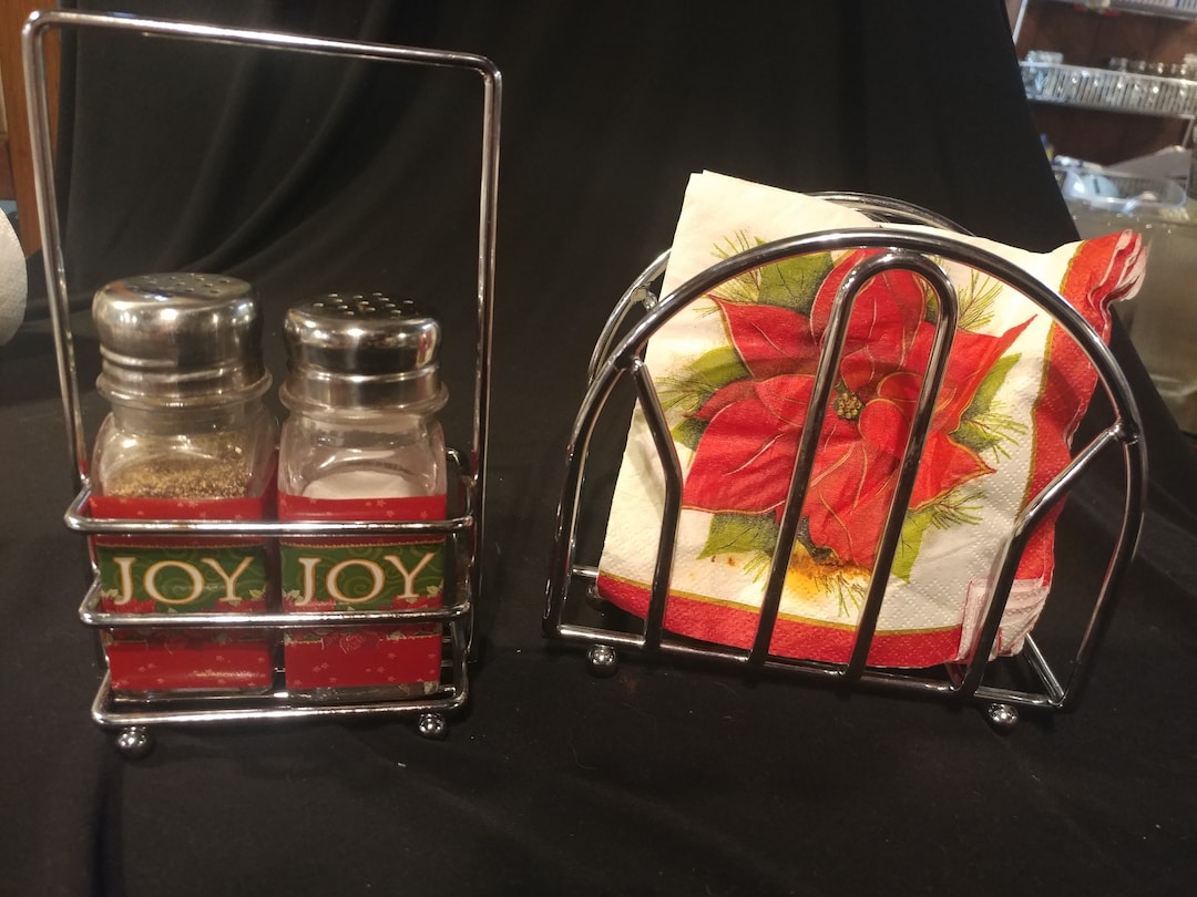 Vintage Chrome Wire Salt & Pepper Caddy With joy Christmas Themed Shakers and Matching Napkin