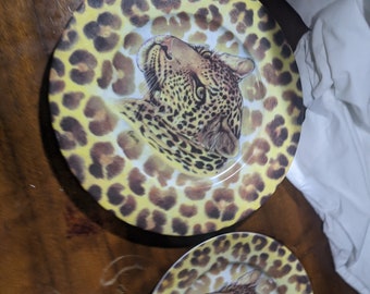 FREE SHIPPING-  Pair of 2-Vintage Porcelain Decorative plates with Beautiful, Cheetah Design. Blue Limoges Backstamp. See Item Description