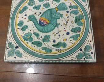 Vintage Hand Painted Ceramic Tile Trivet. Hallmark on back reads "Ceramica Imola Co-op"