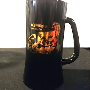 Dark Black Amethyst Glass Handled Mug with Gold &quot;Aquarius&quot; Zodiac Imprint