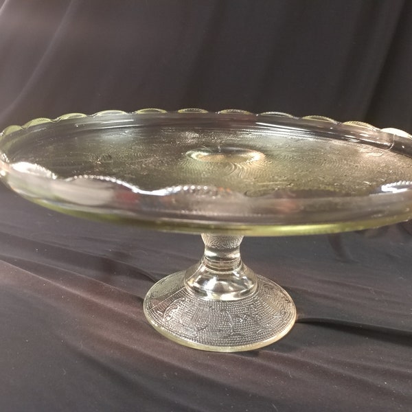 Vintage Jeanette Glass Fluted, Footed Cake Stand with Harp & Lyre Decoration