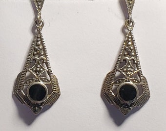 Vintage, Art Deco, Sterling Silver, Marcasite, Black Onyx, Drop, Dangle, Pierced, Post, Earrings