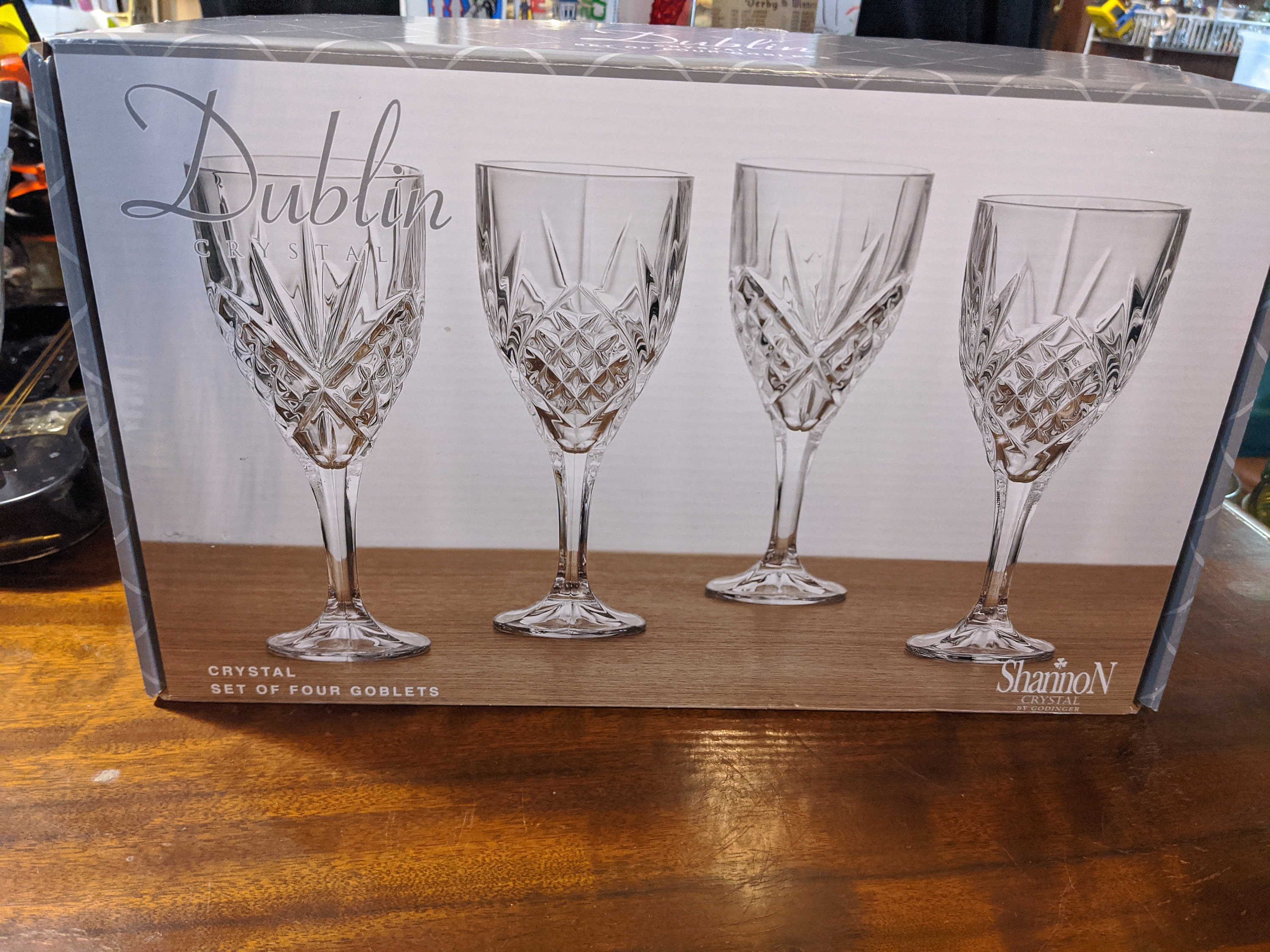 Set of 4 crystal water goblet stemware by designer Shannon Crystal.