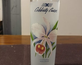 Vintage X Celebrity Cruise Souvenir Tom Collins Glass. Frosted Glass with Orchid. Cattleya Warscewizii # 7004. Drink Recipes on Back