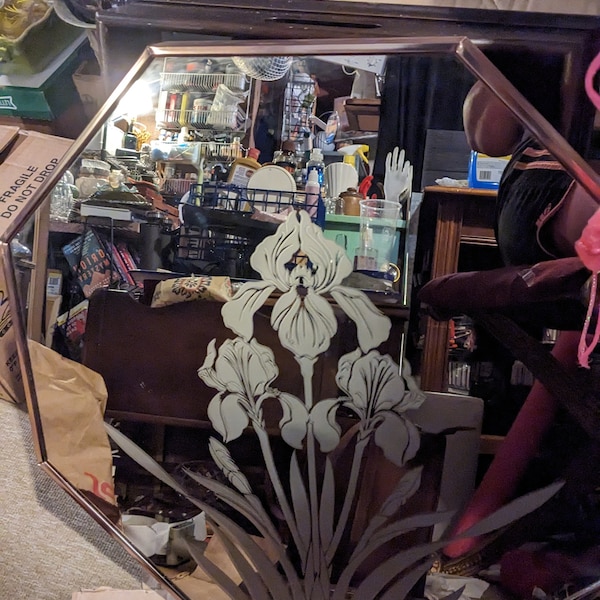 FREE SHIPPING- Vintage, Octagonal (8 Sided)  Framed Mirror by Windsor Art Studio with etched iris design. Artist Signed - Gloria Erikson