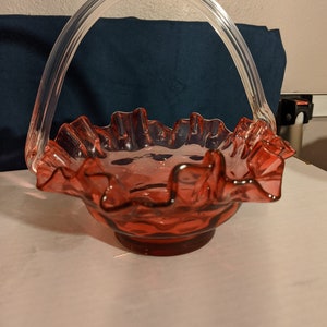 FREE SHIPPING- Vintage Cranberry Pink Glass Basket with Clear, Ribbed Handle & Ruffled Edges