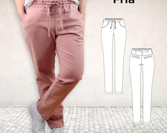 Patrón de costura en PDF para pantalones chinos Fria para mujer, tallas 34-54 + instrucciones de costura | Patrón de pantalón con bolsillos, cinturilla elástica y bolsillo de ribete | Descargar