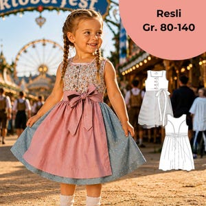 Puede incluir: Un vestido sin mangas con corpiño floral y botones, un delantal rosa liso con un gran lazo frontal y una falda azul con estampado de puntos blancos. El texto Resli Gr. 80-140 es visible, junto con un dibujo técnico lineal del vestido.