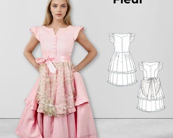 Patron de couture PDF pour une robe dirndl femme à manches papillon et découpes princesse + tablier, tailles 34 à 54, avec instructions de couture | Coudre une robe dirndl à patte de boutonnage