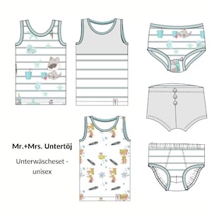 May include: A collection of unisex underwear sets featuring tank tops and briefs. Designs include a raccoon at the beach, and woodland creatures. The sets are in white, gray, and blue, with striped and patterned elements. The text "Mr.+Mrs. Untertöj Unterwäscheset - unisex" is visible.
