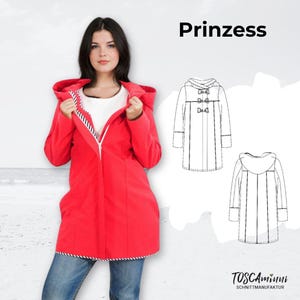 May include: A vibrant red hooded coat with a white zip and striped lining. The coat features a toggle closure and is worn with blue jeans. The word "Prinzess" is printed at the top of the image.