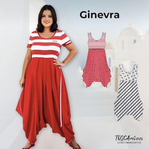 May include: A woman in a red and white striped top and red harem pants, part of the "Ginevra" design. Two dress designs are shown. The text "TOSCAMINNI SCHNITTMANUFAKTUR" is at the bottom. The background is a light blue.