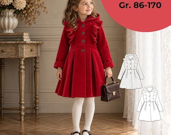 Girls Coat Sewing Pattern Noemie - Hooded Ruffle Coat, EU Sizes 86-170, PDF