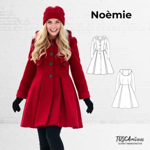 May include: A vibrant red coat with a hood and large black buttons, paired with a matching red beanie and black gloves. The coat features a flared skirt and is shown with a pattern diagram. The name "Noëmie" is displayed.