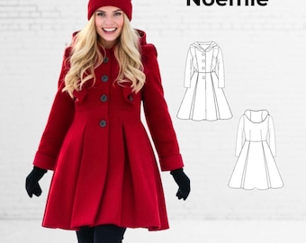 May include: A red hooded coat with large black buttons, worn with a matching red beanie and black gloves. The coat has a flared skirt and is shown with a pattern diagram. The name "Noëmie" is displayed at the top.