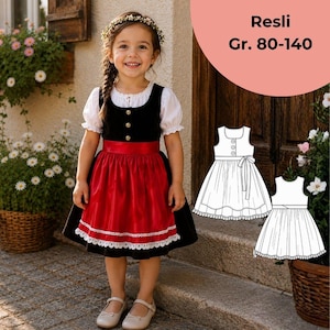 May include: A black and red dirndl dress with a white blouse featuring puffed sleeves. The bodice has three gold buttons. A white lace trim edges the red skirt. The text Resli Gr. 80-140 is visible. Includes a black and white line drawing pattern.