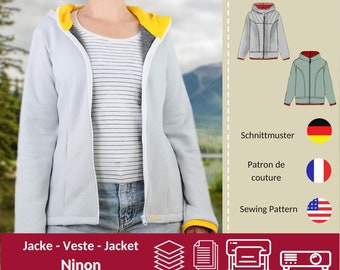 PDF sewing pattern women's jacket with hood Ninon size. 34-54 | Ebook + sewing instructions + video tutorial | Sporty transition jacket with hood