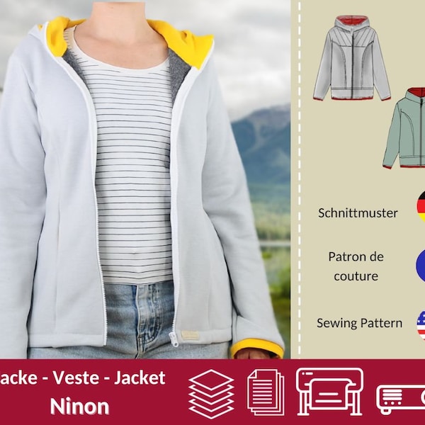 PDF sewing pattern women's jacket with hood Ninon size. 34-54 | Ebook + sewing instructions + video tutorial | Sporty transition jacket with hood