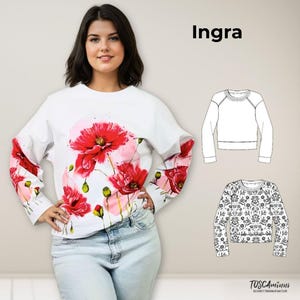 Könnte beinhalten: Weißes Sweatshirt mit einem auffälligen Blumendruck mit roten Mohnblumen. Die Ärmel und die Vorderseite des Shirts sind mit dem Blumendesign verziert. Das Wort "Ingra" ist oben rechts aufgedruckt.