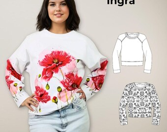 Pdf-Sewing Pattern Raglan Shirt, Women's Sweatshirt Pattern, Raglan Sleeve Sweatshirt, Simple Sweatshirt EU Size 34-54 + Seamless pattern