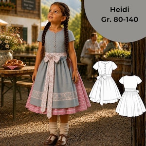 Könnte beinhalten: Ein Kleid mit blauem Oberteil mit kleinem Blumenmuster, einer hellrosa geblümten Schürze mit großer Schleife in der Taille und einem rosa Rock mit weißem Karomuster. Das Bild enthält eine technische Strichzeichnung des Kleid-Designs.