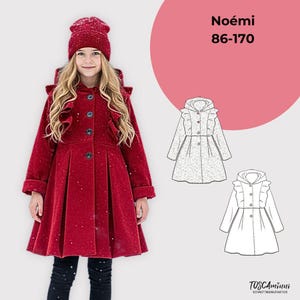 May include: A child wearing a red coat and hat. The coat features a ruffled collar and button fastening. The image includes a pink circle with the name "Noémi" and size range "86-170".