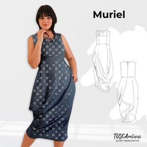 May include: A gray dress with a white geometric pattern. The dress has a draped skirt and a sleeveless bodice. The dress is shown on a model and is accompanied by a line drawing of the dress.