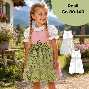 May include: A dress featuring a pink and white gingham bodice, white floral puff sleeves, and a green patterned apron with a tie. The text Resli Gr. 80-140 is visible. Technical line drawings show the front and back views of the dress design.