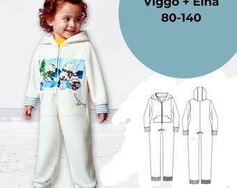 pdf sewing pattern for kids Jumpsuit Viggo+Elna EU Size 80-140 with bunny ears | Overall, Pyjama, Pajama, PJs
