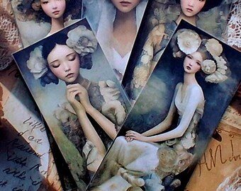 Laminated Floral Bookmarks – Women in Dresses, Kimono, Wedding Attire – Romantic Art for Readers