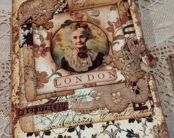 Vintage Lace Junk Journal: Grannie in London Cover, Glass Pendant Closure