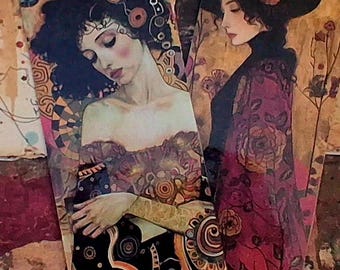 Klimt Inspired Bookmarks • Laminated Art Nouveau Pair, Gold Pattern Woman Art (8" x 3.5")
