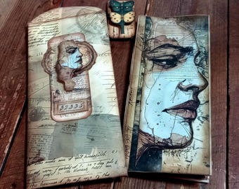 Grungy Coffee Chicks Junk Journal Tall Slim Envelope, Collaged Paper Pockets (9" x 4")