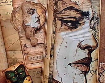 Grungy Coffee Chicks Junk Journal Tall Slim Envelope, Collaged Paper Pockets (9" x 4")