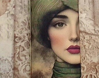 Tall Slim Parisian Style Woman in Green Junk Journal • Tea Dyed Pages • Tags • Pockets • Decorative Papers