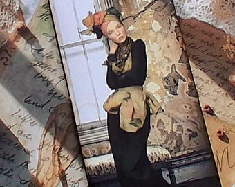 Tall Slim Junk Journal • Grunge Elegant Woman Cover, Tea Dyed Pages, Pockets, Tags
