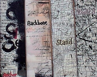 Rugged Grunge Empowerment Bookmarks – Set of 4 Cards with Gritty Script & Black Polka Dot Backs