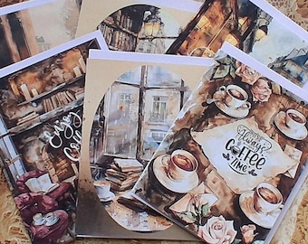 Assorted Watercolor Coffee Cards, Boho Stationery Set (6 Cards)