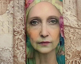 Whimsical Woman with Flowers Journal • Tall Slim One‑Signature Book • Tea Dyed Pages • Tags & Pockets