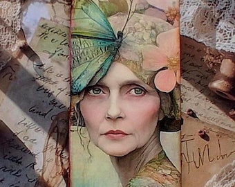 Tall Slim Junk Journal • Whimsical Woman with Butterfly & Floral Head Covering • One‑Signature Notebook with Tags and Lined Pages