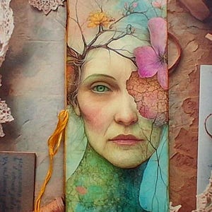 May include: A rectangular bookmark featuring a detailed illustration of a face with green eyes, surrounded by tree branches, yellow and pink flowers, and textured green foliage. A thin yellow thread is attached to the side of the bookmark.