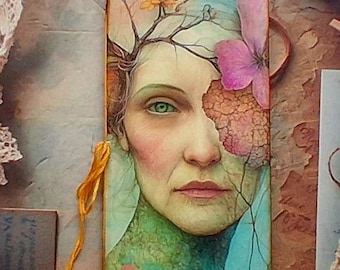 Tall Slim Whimsical Junk Journal • Surreal Floral Woman Cover • One‑Signature Notebook with Tags, Lined Paper & Embroidery Thread Details