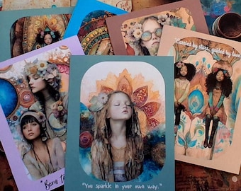 Flower Child Art Cards • 6‑Pack Boho Floral Stationery Set (Includes Envelopes)