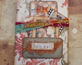 Coffee Inspired Folio Junk Journal with Sari Ribbon, Journaling Cards (4.75"w 6.25" l)